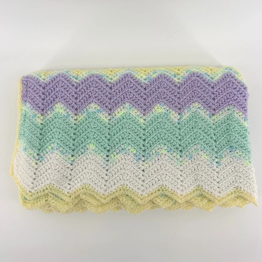 Handmade Crochet Baby Blanket Pastel Yellow Purple Mint Chevron Ripple